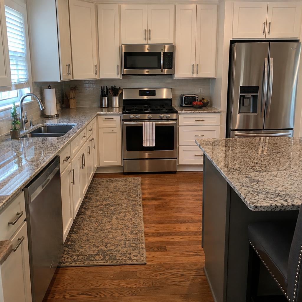 Clean, bright kitchen counter and sink after a home cleaning